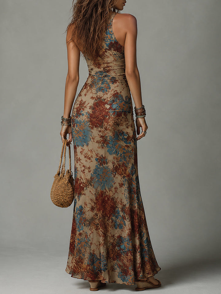 Sleeveless Retro Maxi Dress with Ethnic Print