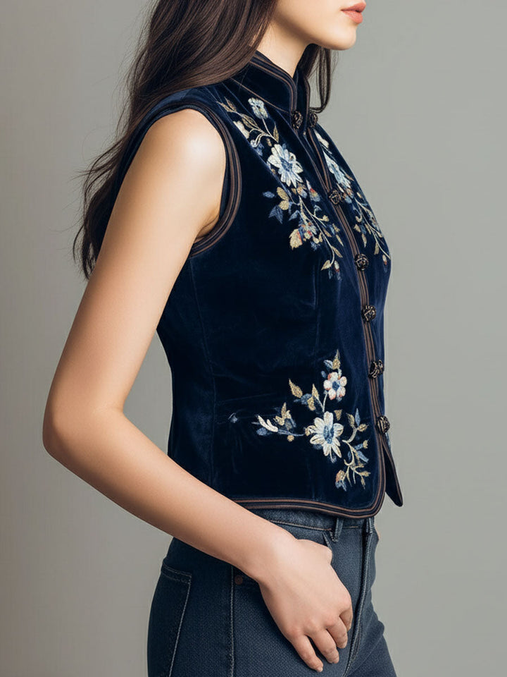 Bohemian Embroidered Blue Velvet Gilet
