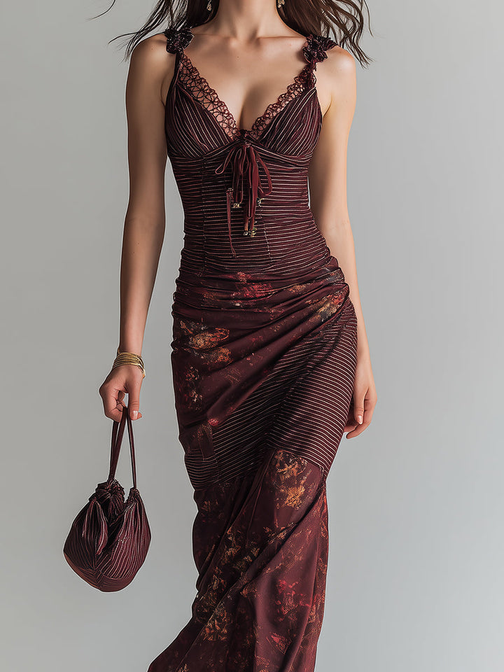 Vintage-Inspired Floral Maxi Dress with Striped Accents