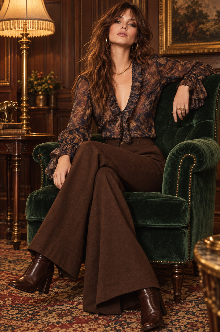 Retro Spiral Print Shirt with Bell Sleeves and Trim