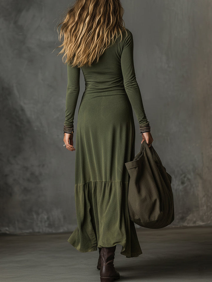 Bohemian Cotton Midi Dress with Low Zip and Side Split