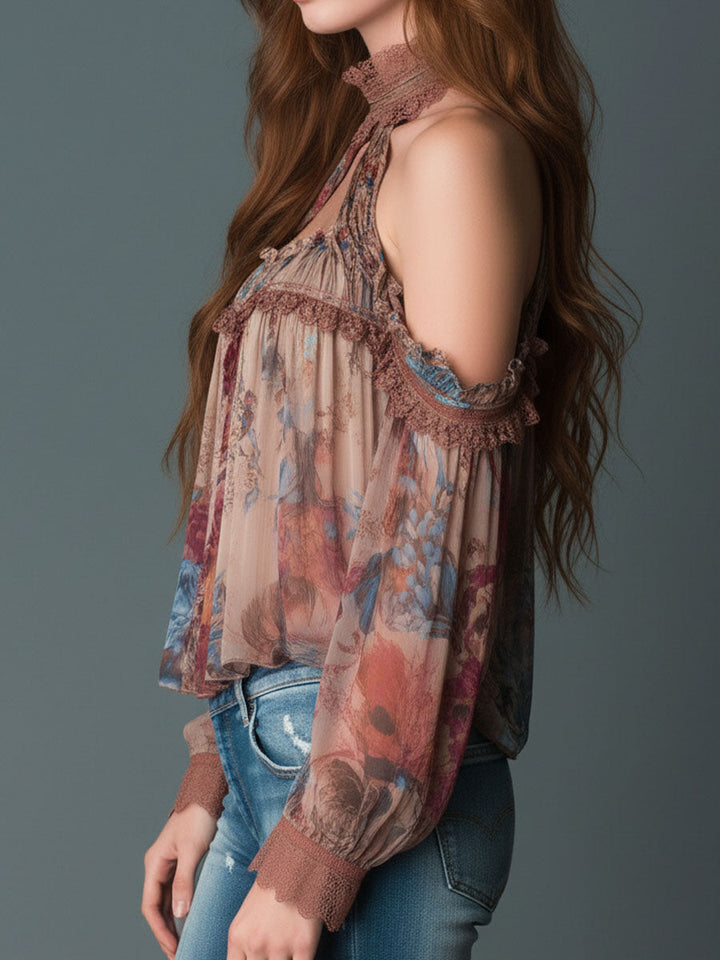 Bohemian Blush Floral Chiffon Top with Cold Shoulder Design and Deep Neckline