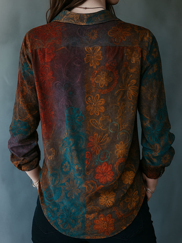 Bohemian Floral Velvet Blouse with Long Sleeves and Button Details