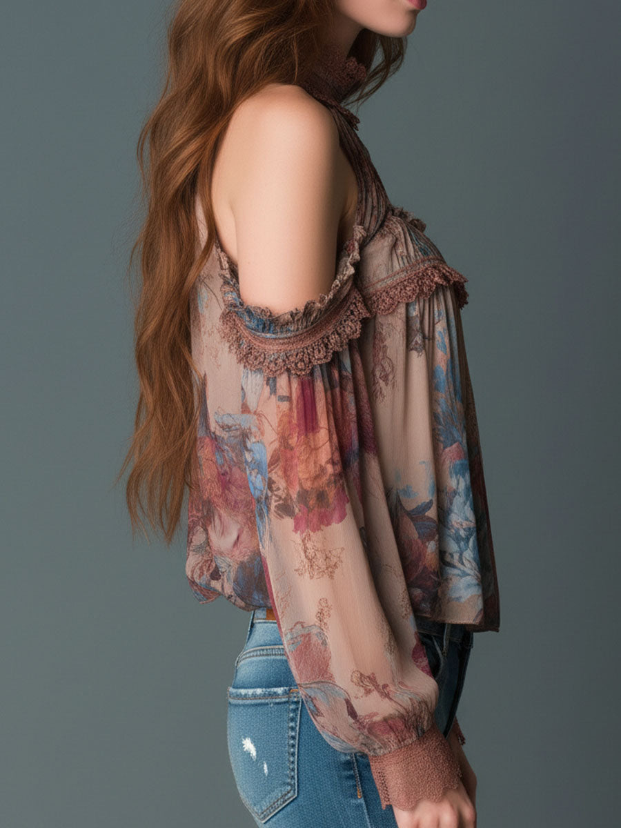 Bohemian Blush Floral Chiffon Top with Cold Shoulder Design and Deep Neckline