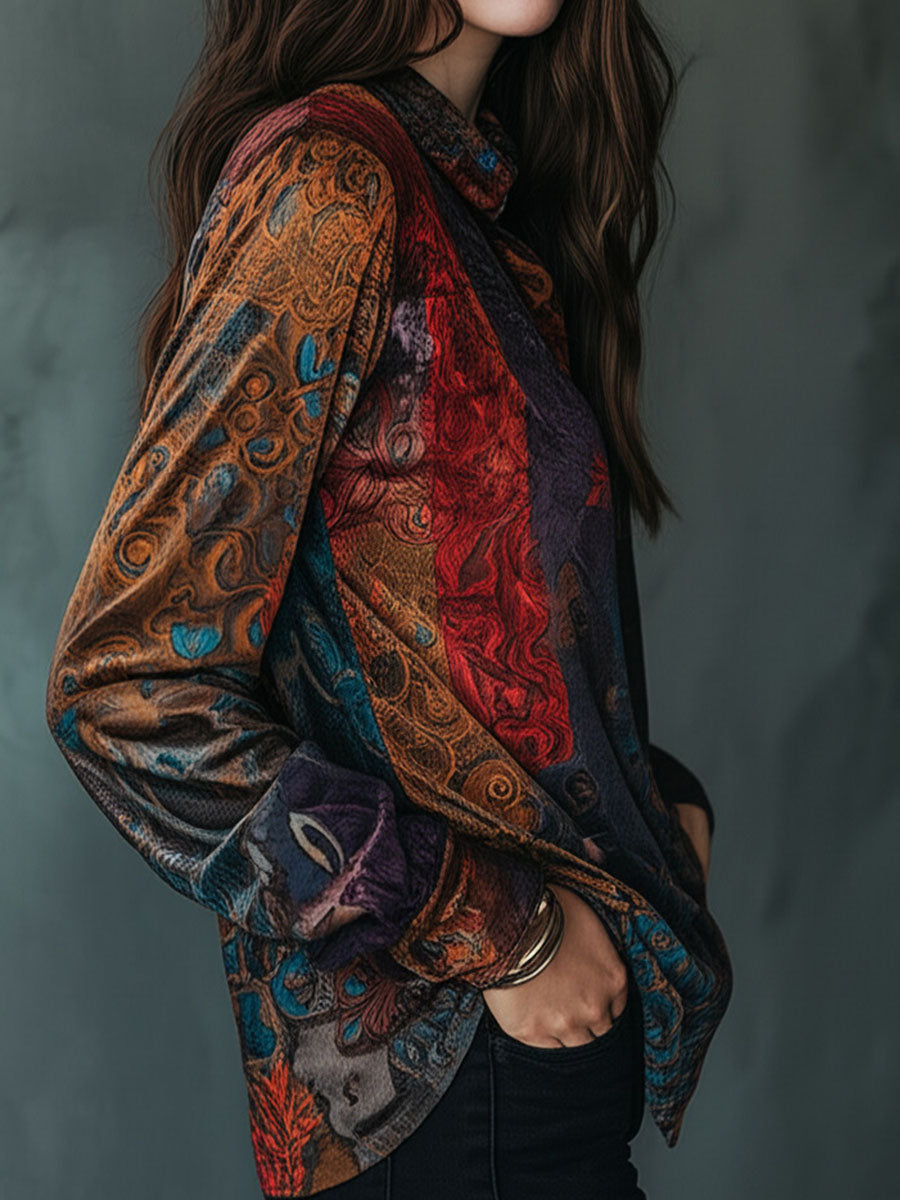 Bohemian Floral Velvet Blouse with Long Sleeves and Button Details