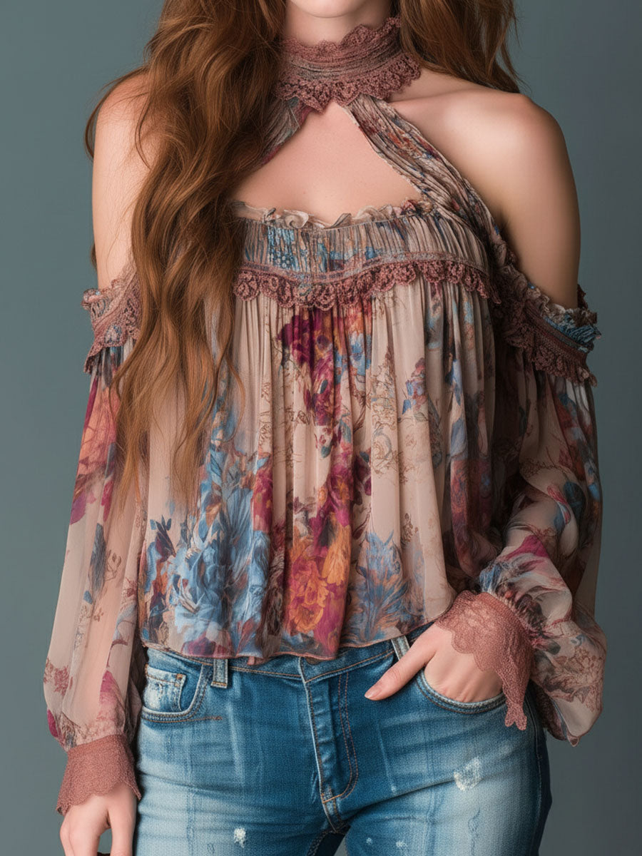 Bohemian Blush Floral Chiffon Top with Cold Shoulder Design and Deep Neckline