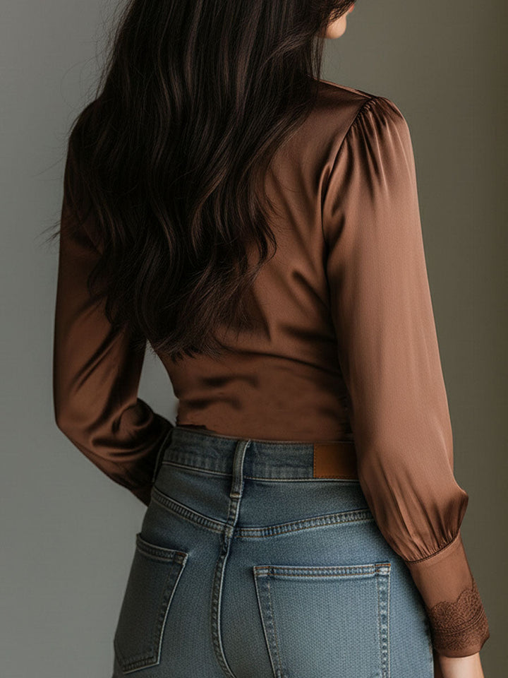 Adjustable Waist Bronze Satin Blouse with Deep V and Lace Details