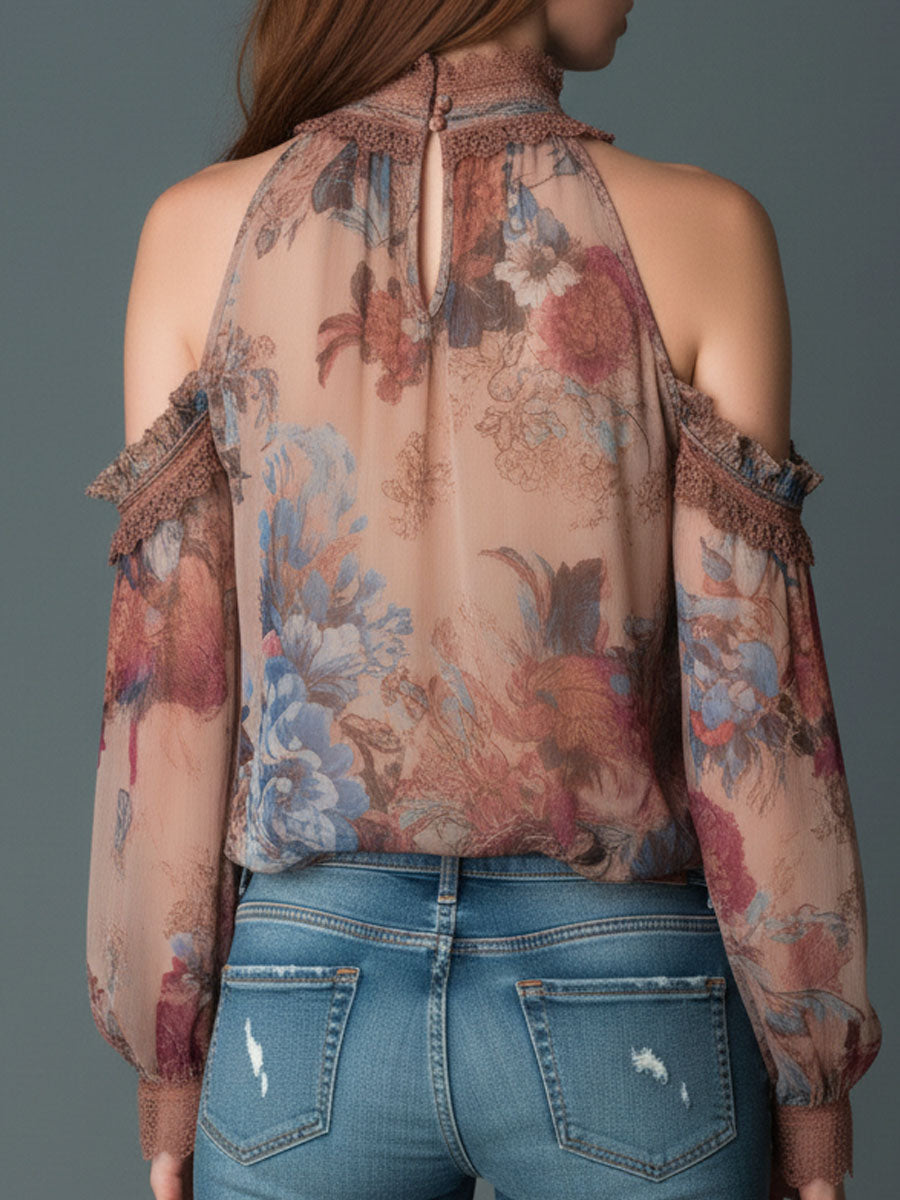 Bohemian Blush Floral Chiffon Top with Cold Shoulder Design and Deep Neckline