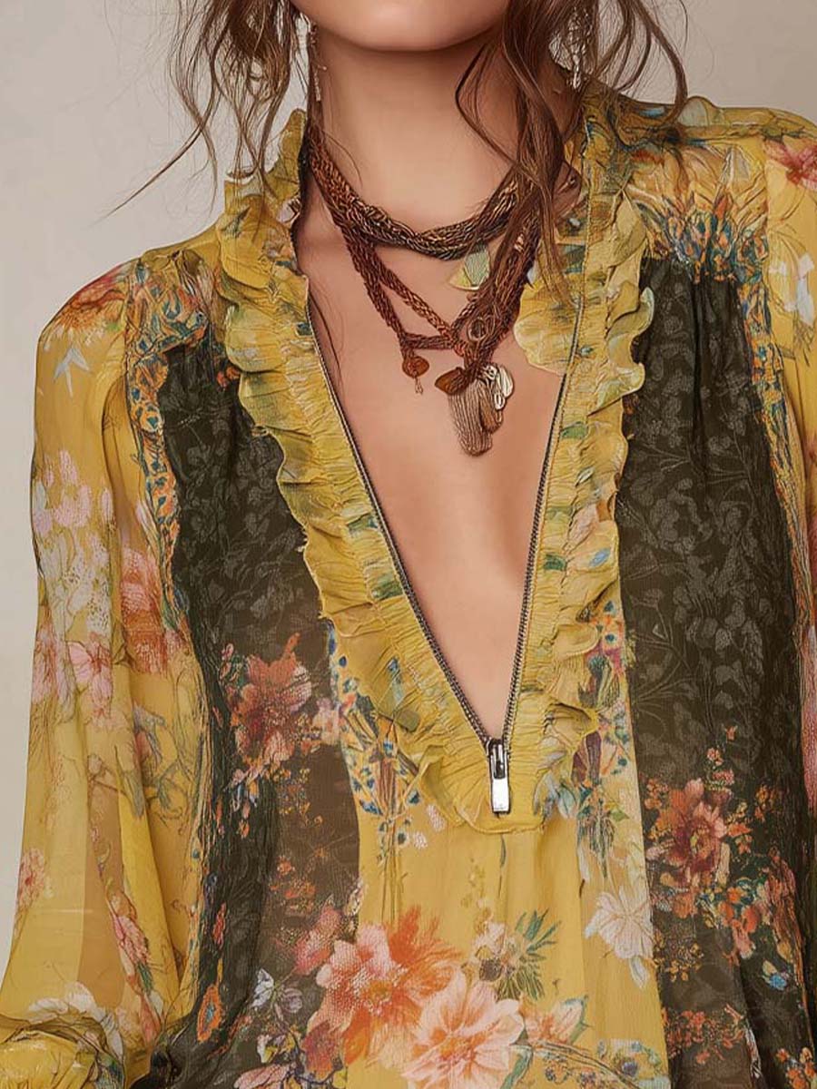 Striped Floral Satin Blouse with Zipper Detail