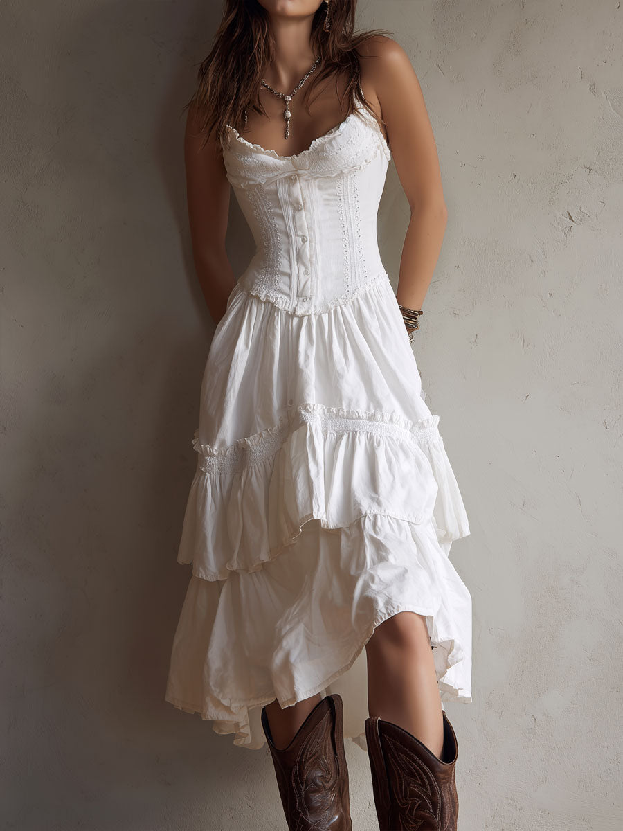 Vintage-Inspired Bohemian Midi Dress Featuring Lace and Corset Details