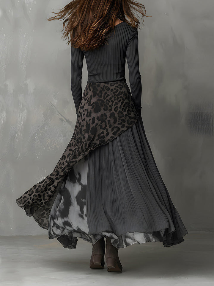Leopard Print Long Dress with Asymmetrical Hemline