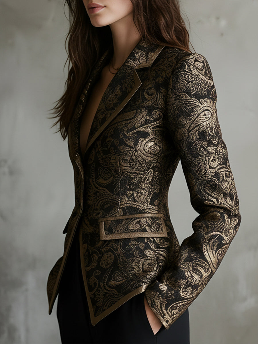 Elegant Jacquard Dress with Twisted Lapels in Paisley Pattern