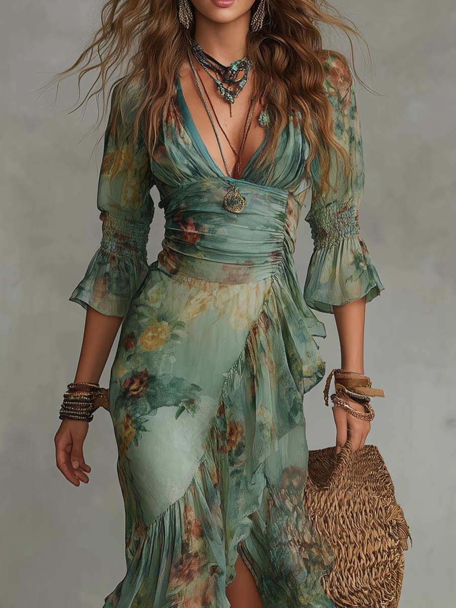 Vintage-Inspired Floral Long Wrap Dress