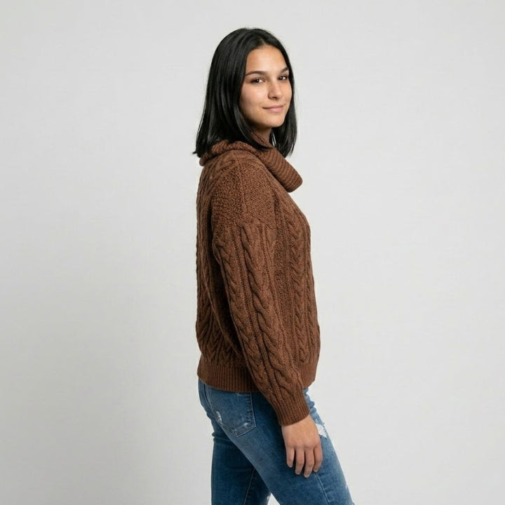 Cozy Cable Knit Sweater with Wide Collar - Acrylic and Polyester Blend