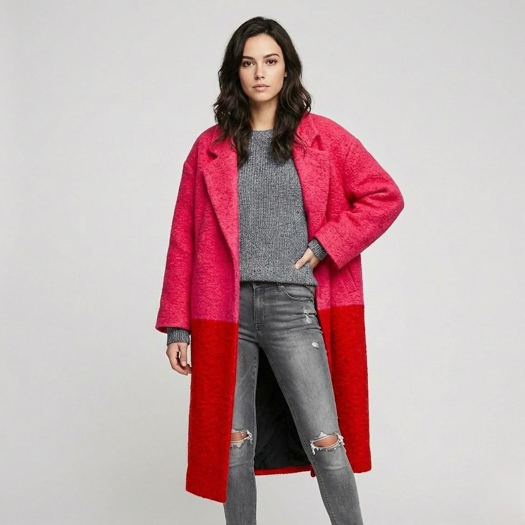 Straight-Cut Long Wool Coat with Unique Checked Design
