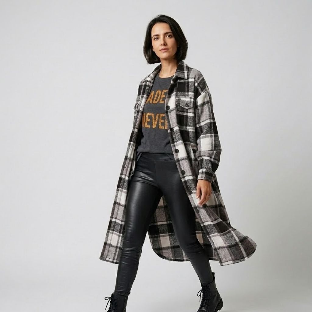 Checkered Long Polyester Coat with Unique Design
