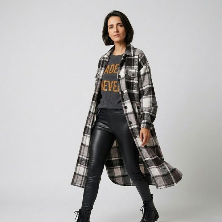 Checkered Long Polyester Coat with Unique Design