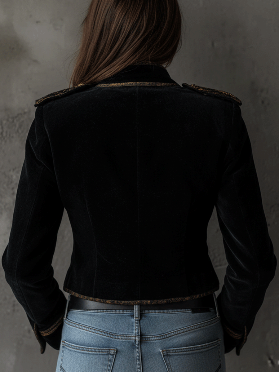 Vintage-Inspired Black Velvet Military Blazer with Gold Accents