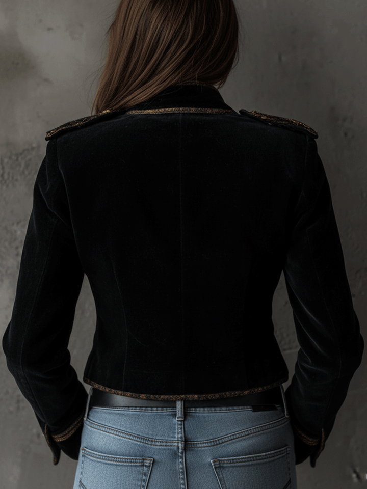 Vintage-Inspired Black Velvet Military Blazer with Gold Accents