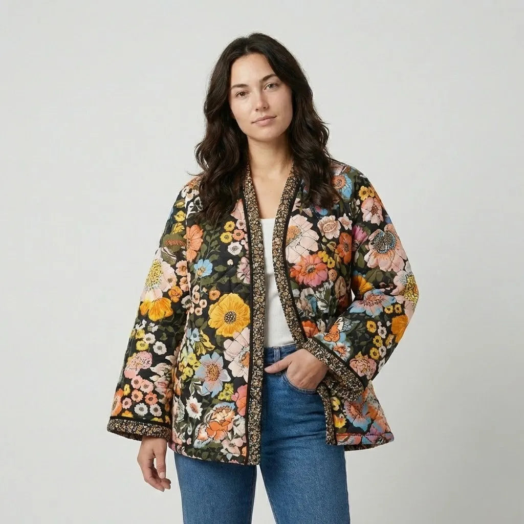 Floral Patterned Loose Fit Quilted Jacket