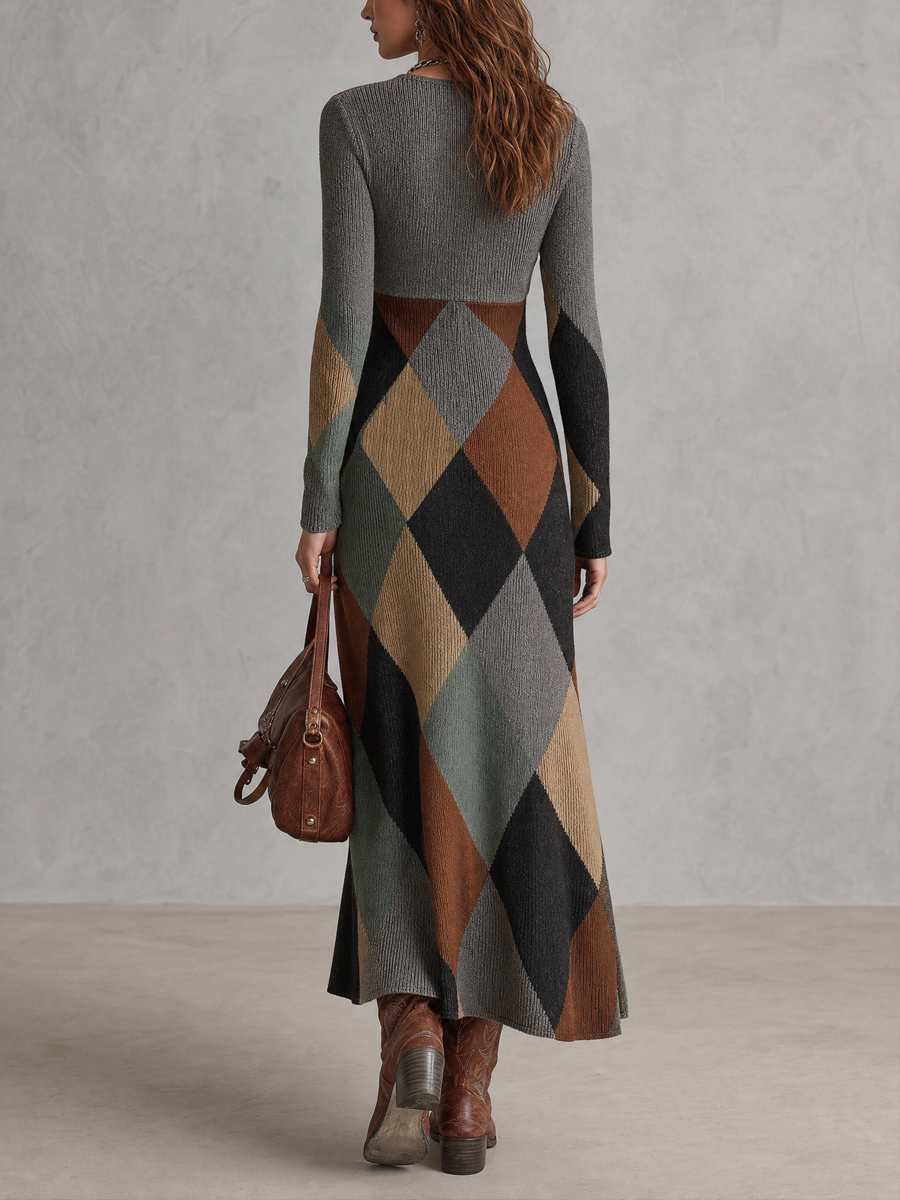 Argyle Pattern Retro Knit Midi Dress
