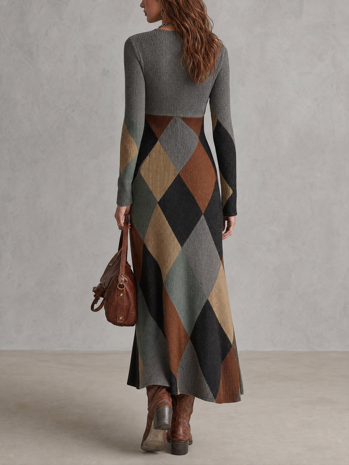Argyle Pattern Retro Knit Midi Dress