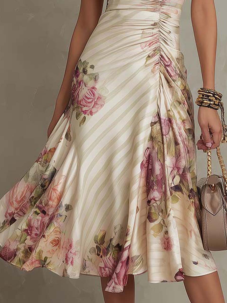 Chic Satin Midi Dress with Vintage Floral Design