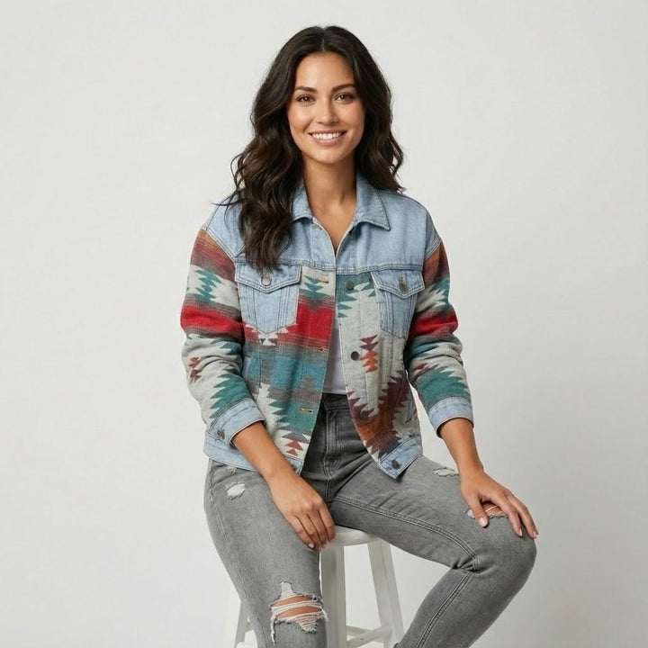Straight-Cut Short Cotton Jacket with Ethnic Print