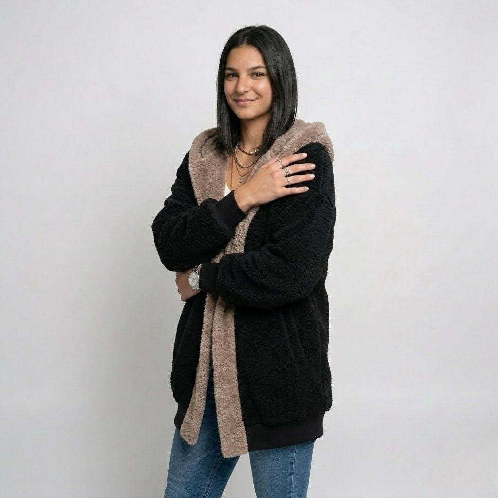 Cozy Hooded Knitted Jacket in a Polyester-Cotton Blend