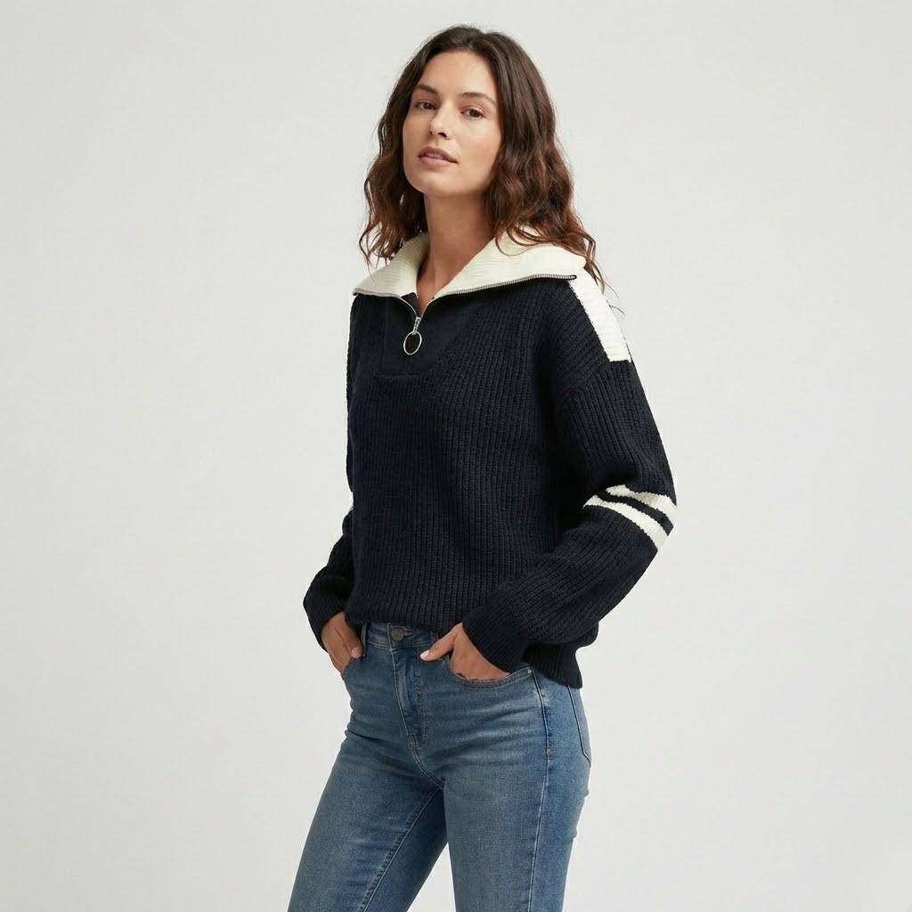 Contrast-Collared Ribbed Knit Sweater with Half Zip