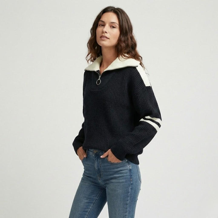 Contrast-Collared Ribbed Knit Sweater with Half Zip