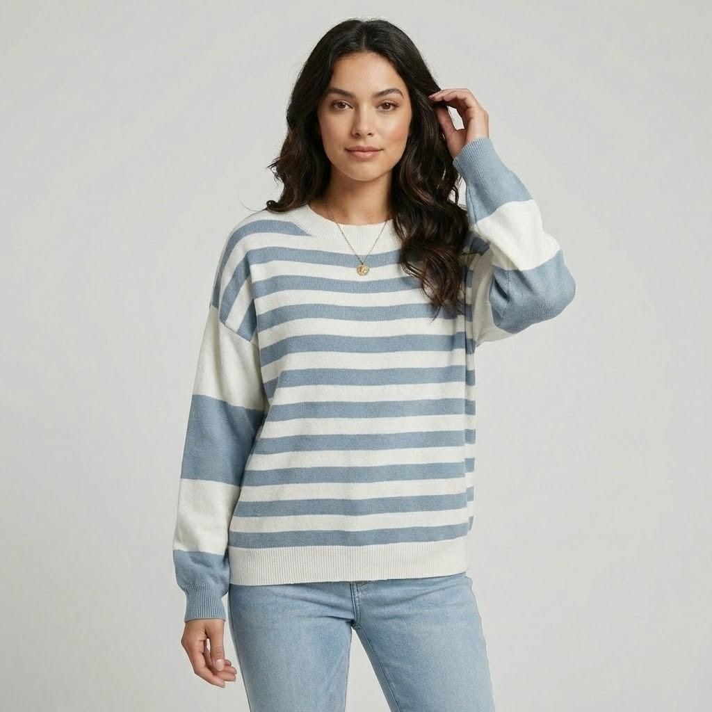 Relaxed Fit Knitted Cotton Blend Sweater with Contemporary Stripes