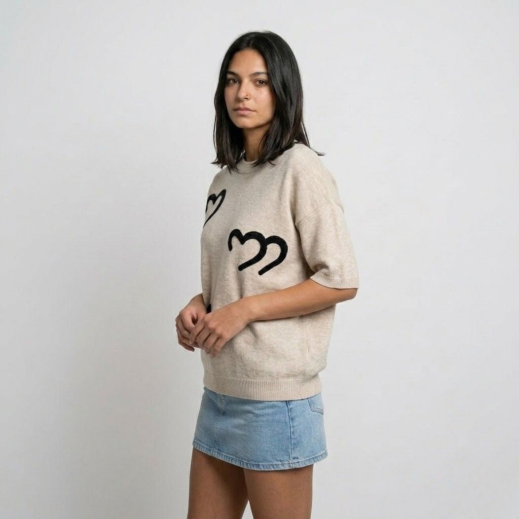 Relaxed Fit Cotton Short-Sleeve Sweatshirt with Heart Design
