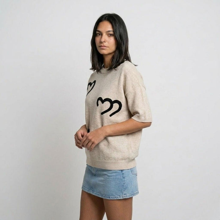 Relaxed Fit Cotton Short-Sleeve Sweatshirt with Heart Design