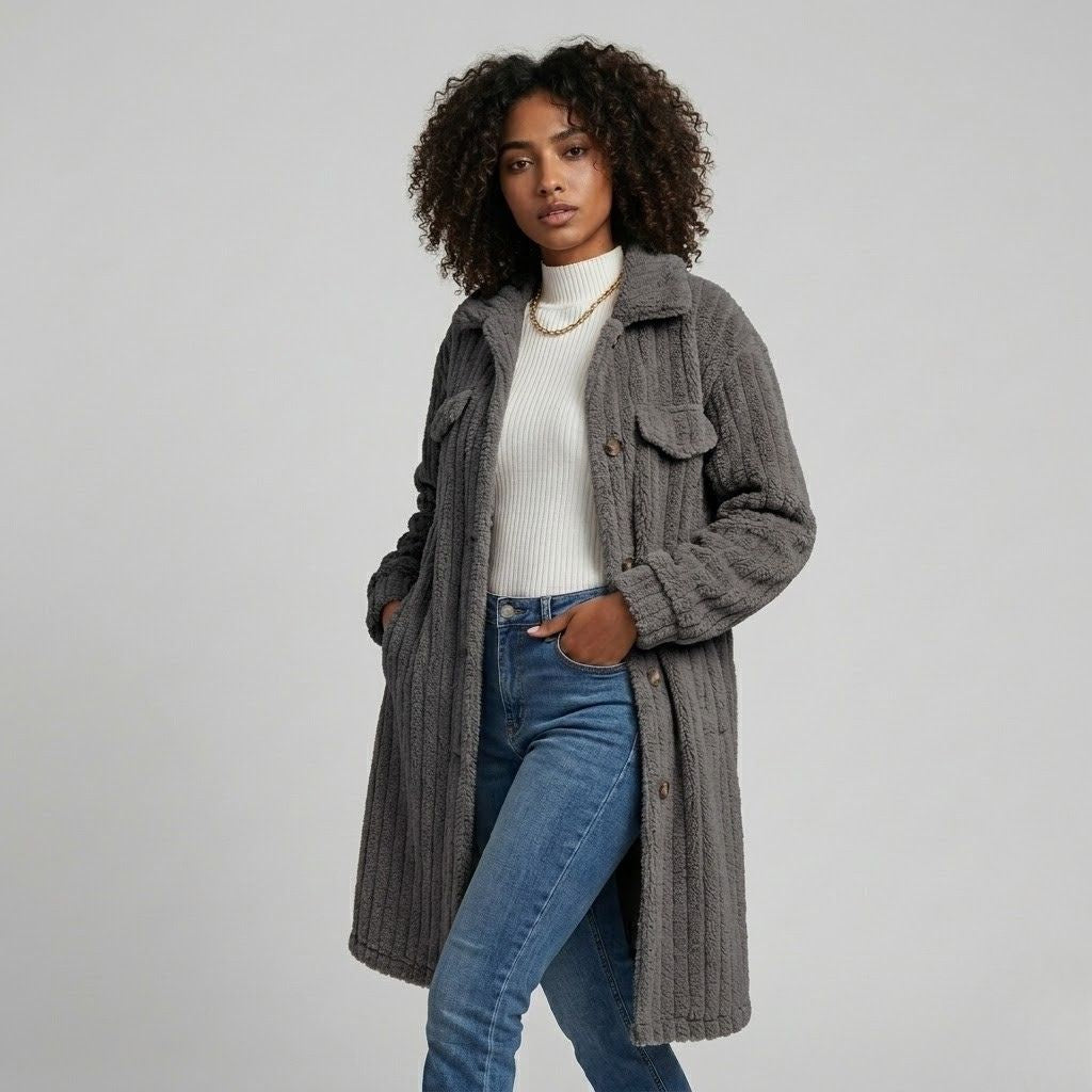 Textured Long Coat in a Soft Polyester-Cotton Blend with Front Pockets