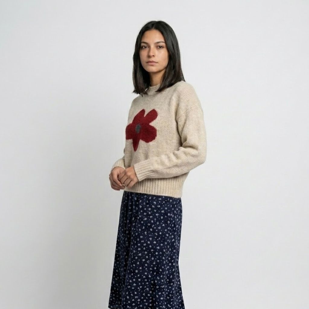Floral Pattern Knitted Acrylic Sweater for Everyday Style