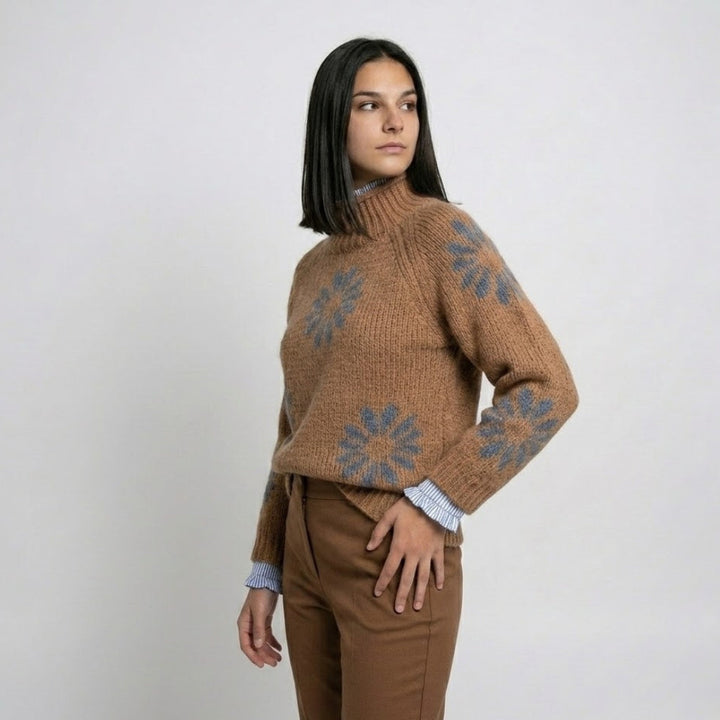 Cozy Roll Neck Knitted Sweater in Acrylic-Wool Blend with Decorative Design