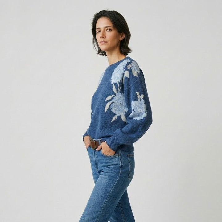 Floral Pattern Knitted Sweater in Acrylic-Cotton Blend