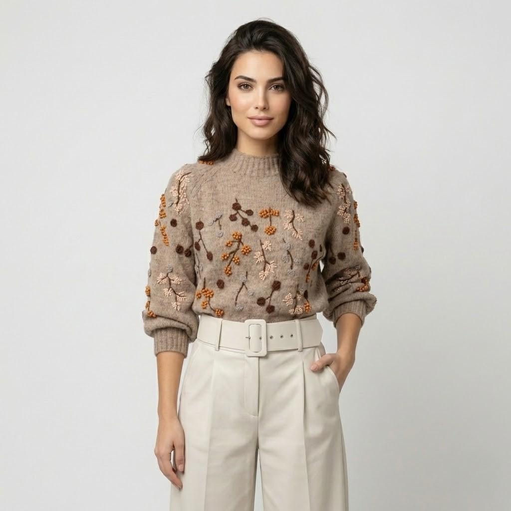 Cozy Knit Sweater Adorned with Handcrafted Floral Embroidery