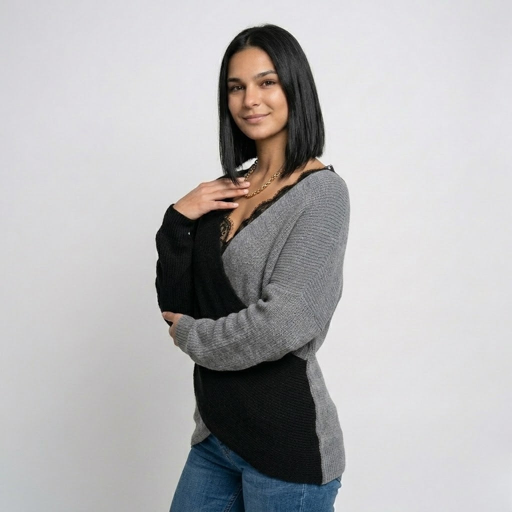 Flowy Lace-Detail Knitted Sweater in Polyester-Elastane Blend