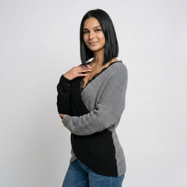 Flowy Lace-Detail Knitted Sweater in Polyester-Elastane Blend