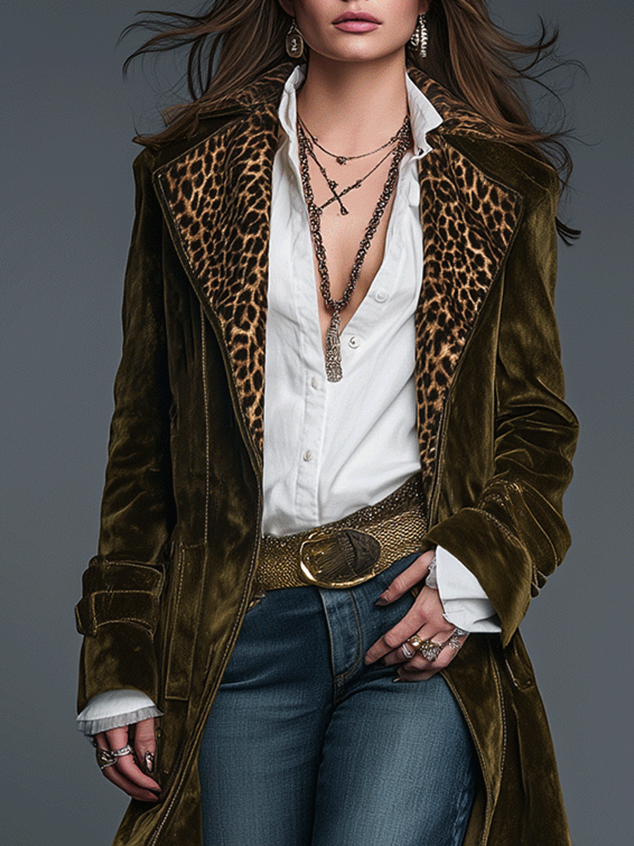 Bohemian Olive Velvet Long Coat with Leopard Print Collar