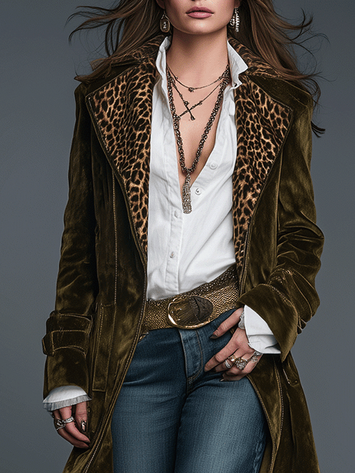Bohemian Olive Velvet Long Coat with Leopard Print Collar