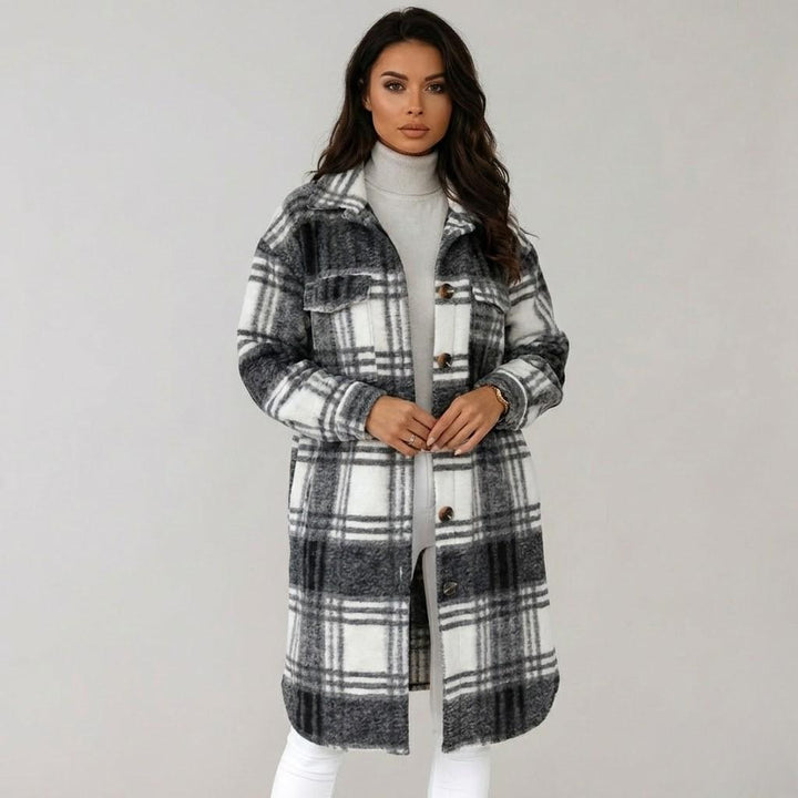 Chic Checked Wool Blend Coat with Straight Cut
