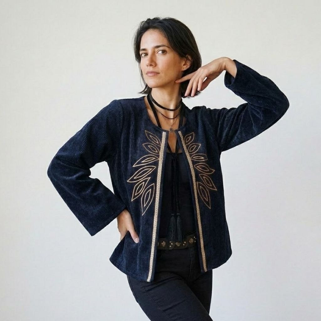 Embroidered Loose-Fit Jacket in a Soft Polyester-Cotton Blend with Wide Sleeves