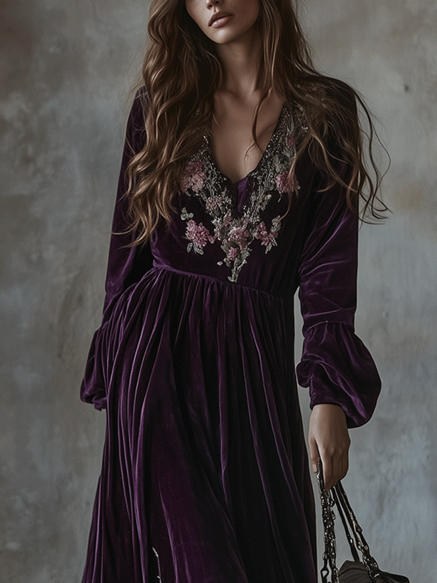 Velvet Maxi Dress Adorned with Embroidered Floral Designs