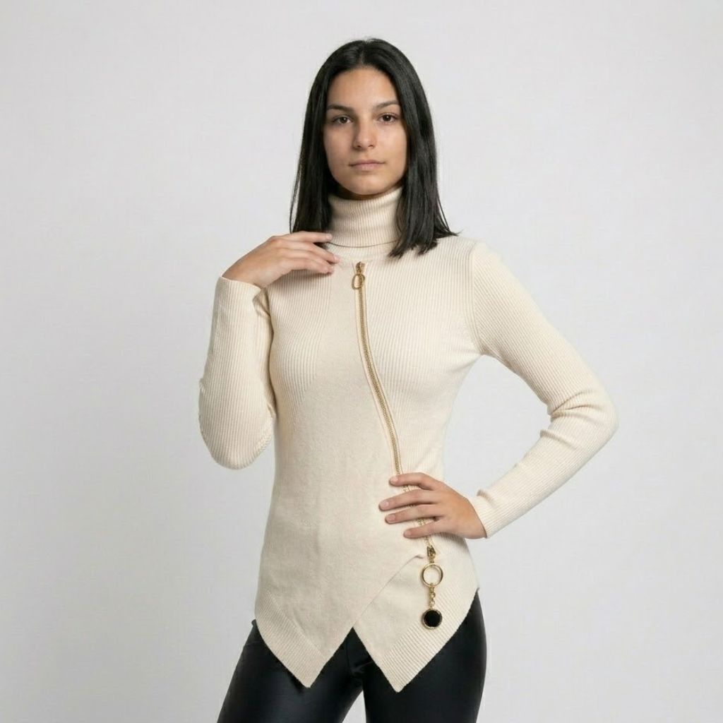 Modern Asymmetrical Structured Sweater in a Polyester-Viscose Blend