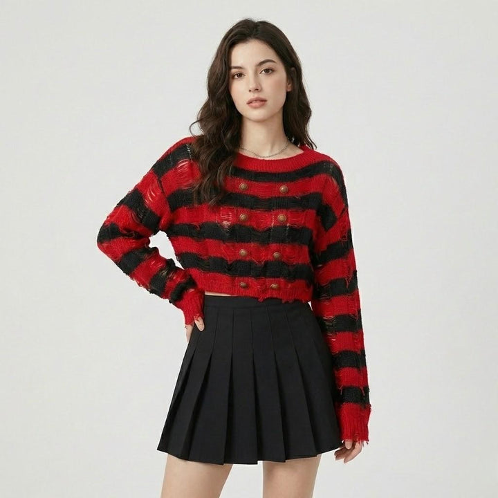 Graphic Pattern Knitted Sweater with Decorative Front Buttons