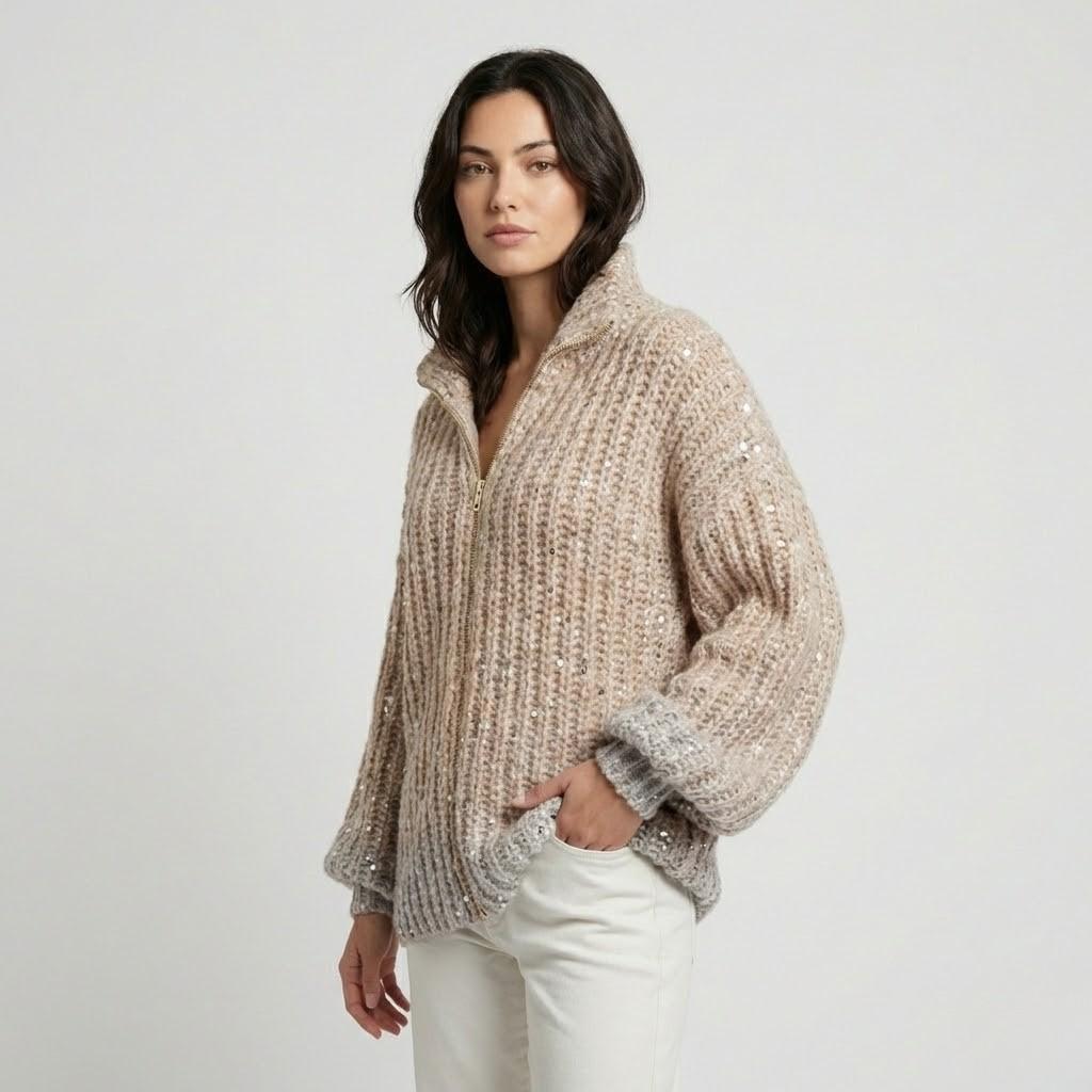 Shimmering Chunky Knit Sweater with High Collar and Front Closure