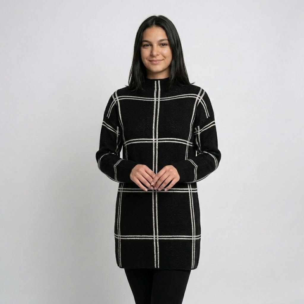 Urban-Style Long Knitted Sweater in Geometric Pattern - Acrylic and Polyester Blend